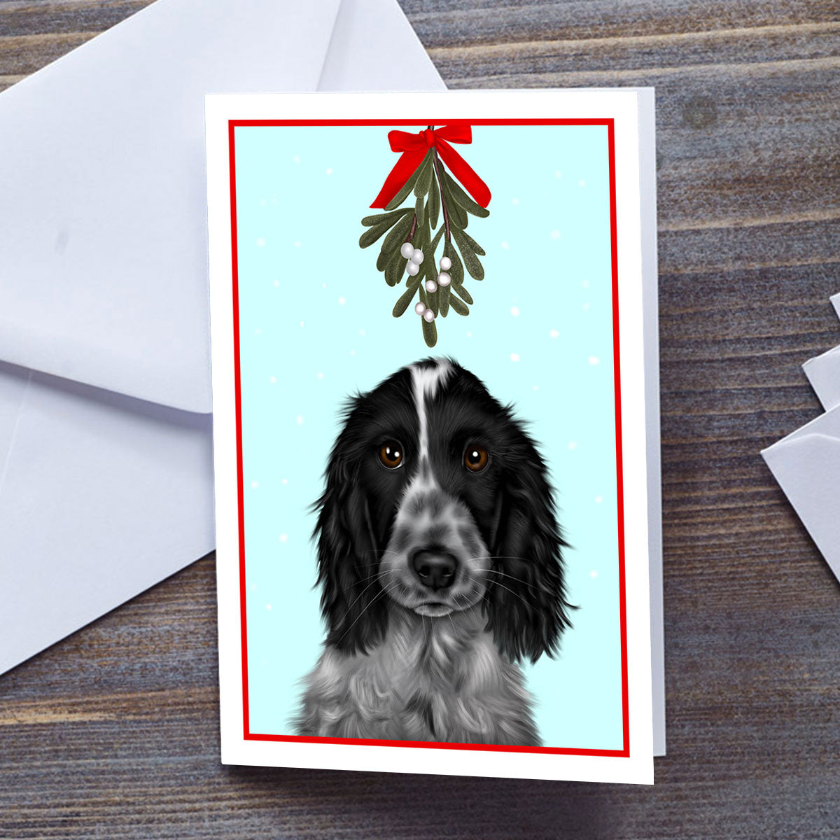 Blue Roan Cocker Spaniel under Mistletoe