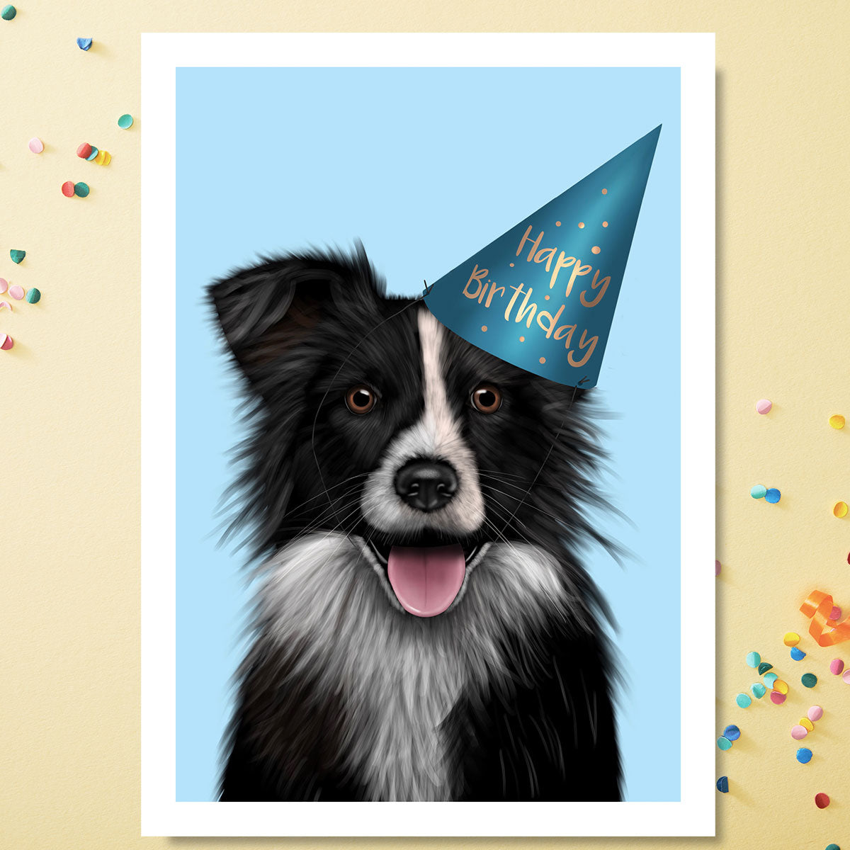 Border Collie wearing Happy Birthday hat. Illustration by Kitty's Art.
