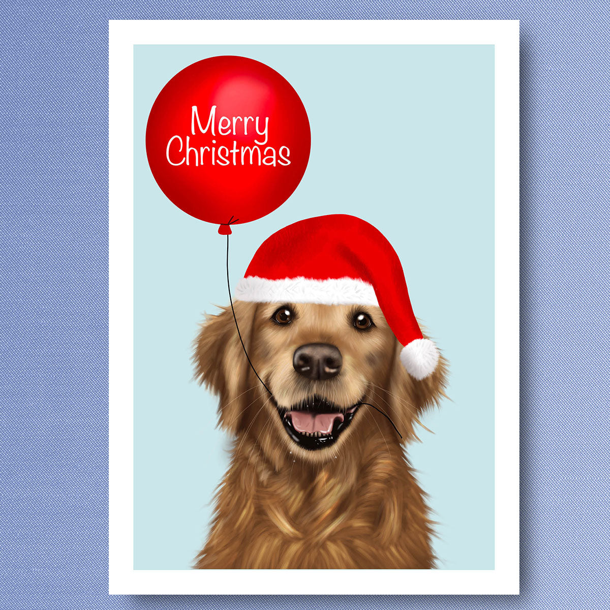 Golden retriever in Santa hat holding merry Christmas balloon. Christmas card illustrated by Kitty's Art.