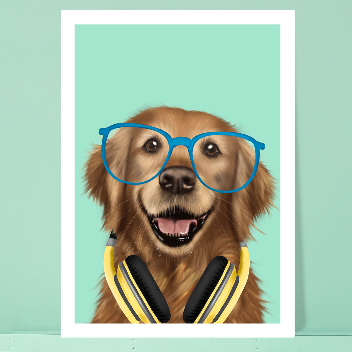 Golden Retriever in Glasses and Headphones Card