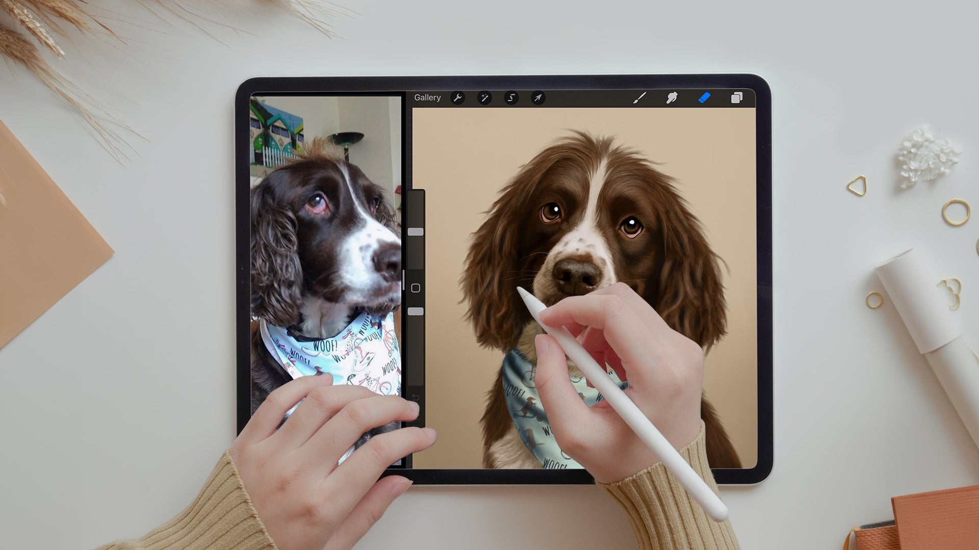 Person using an iPad to draw on displaying an image of a Cocker Spaniel.
