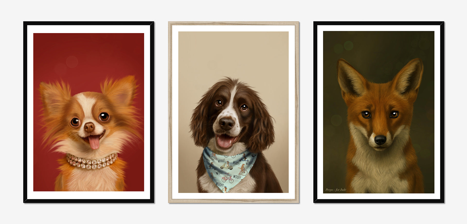 Three framed portraits of dogs on a white background