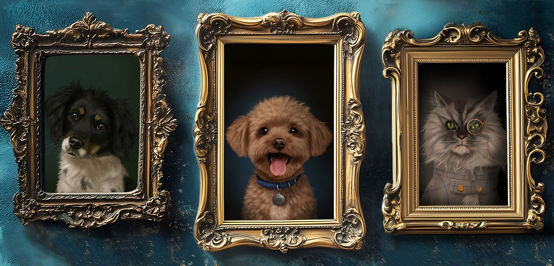 Two dogs and a Cat in ornate gold frames against a blue textured background