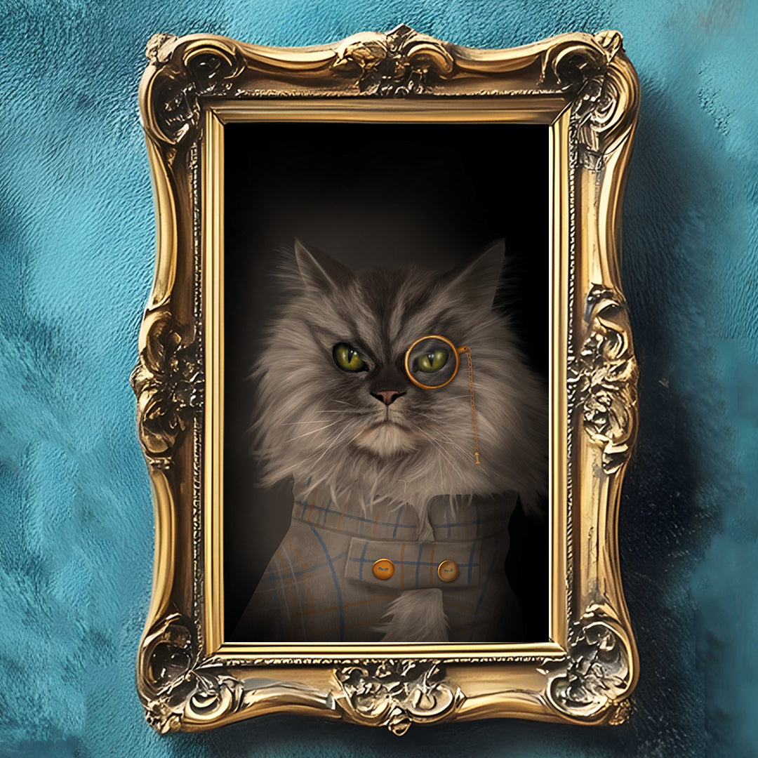 Cat with monocle and a coat in an ornate gold frame on a textured blue background