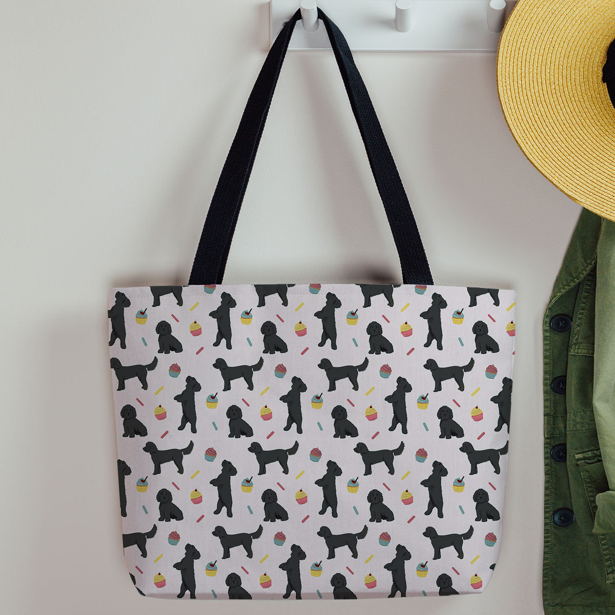 Black Cockapoos and Cupcakes Pattern Canvas Tote Bag