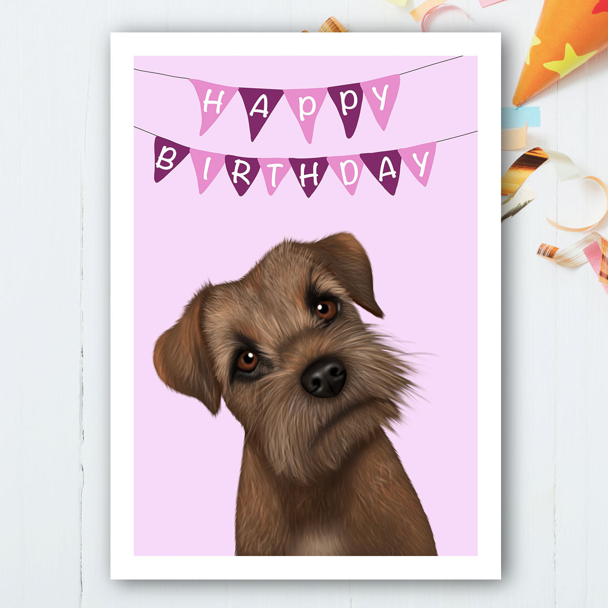 Border Terrier birthday card pink