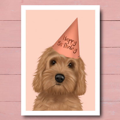 Birthday card with Cockapoo wearing party hat - pink