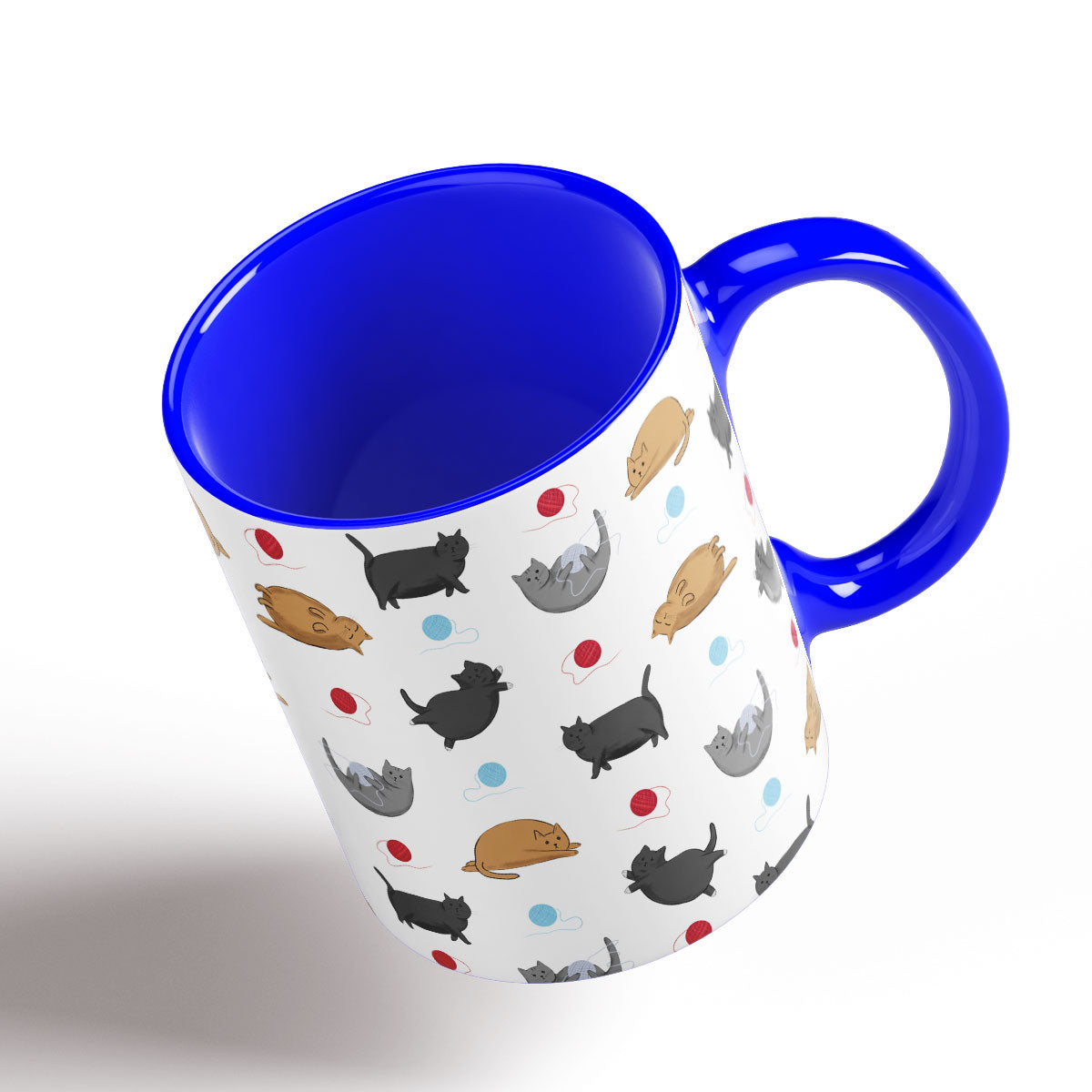 Cute Fat Cats pattern separated by balls of wool. Blue Handle and interior.