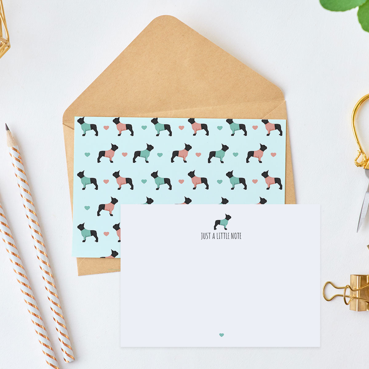 French Bulldogs and Hearts Notecard Set