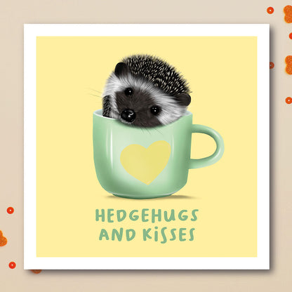 Greetings card with cute Pigmy Hedgehog in a mug illustrated by Kittys Art.