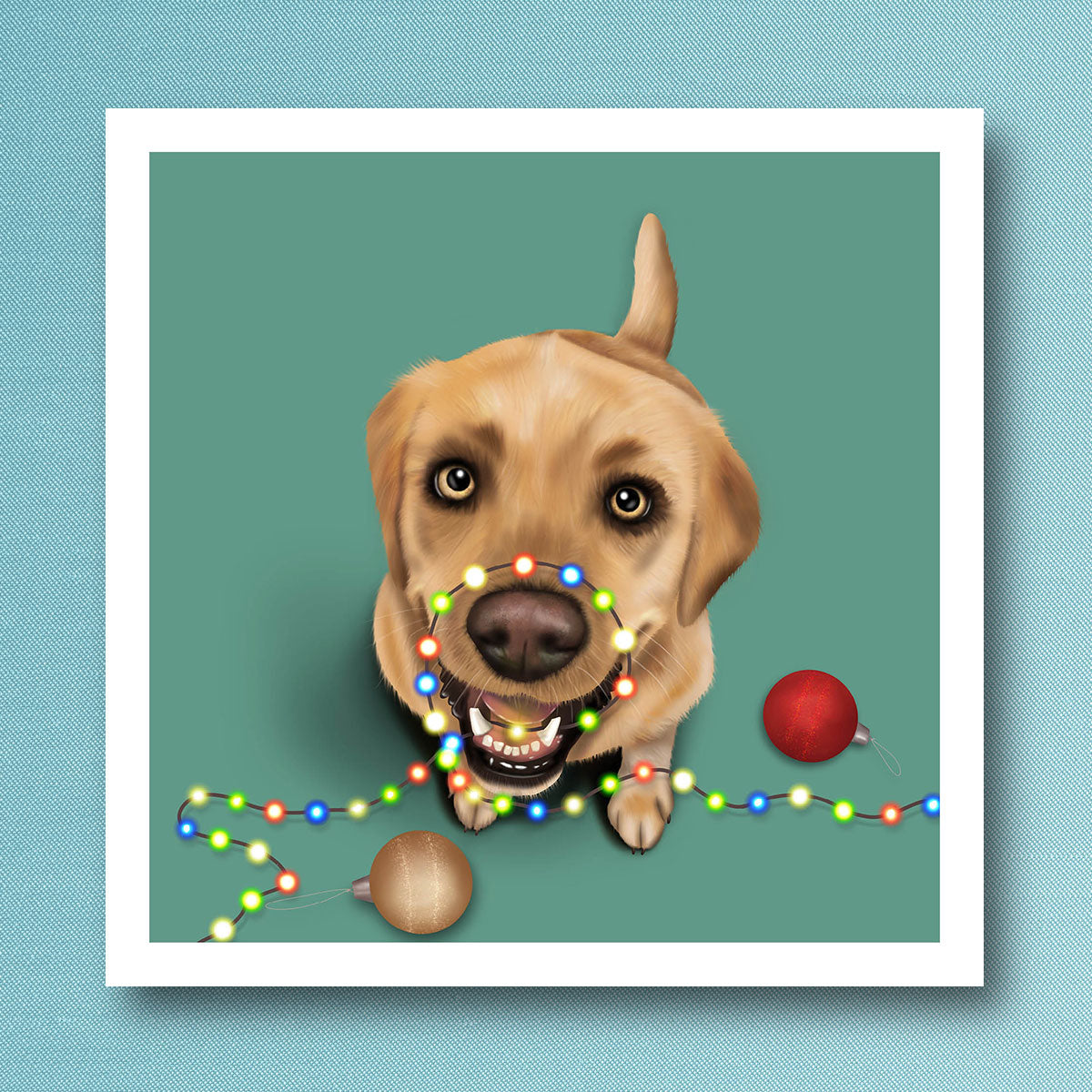 Yellow Labrador holding Christmas tree lights in his mouth. Christmas card illustrated by kitty's Art.
