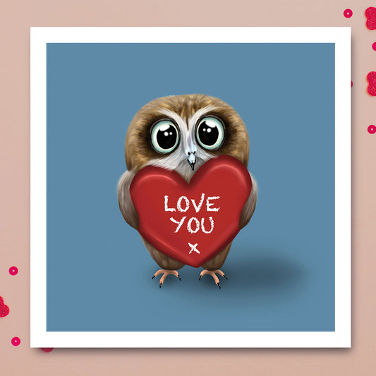 Adorable Baby Owl holding a heart. Illustrated by Kittys Art.